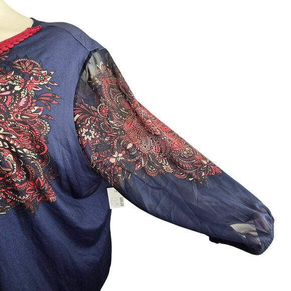 Catherines 3X 26/28W Womens Top Boho Style Keyhole Neckline Navy Red JJ4044 - Picture 9 of 12